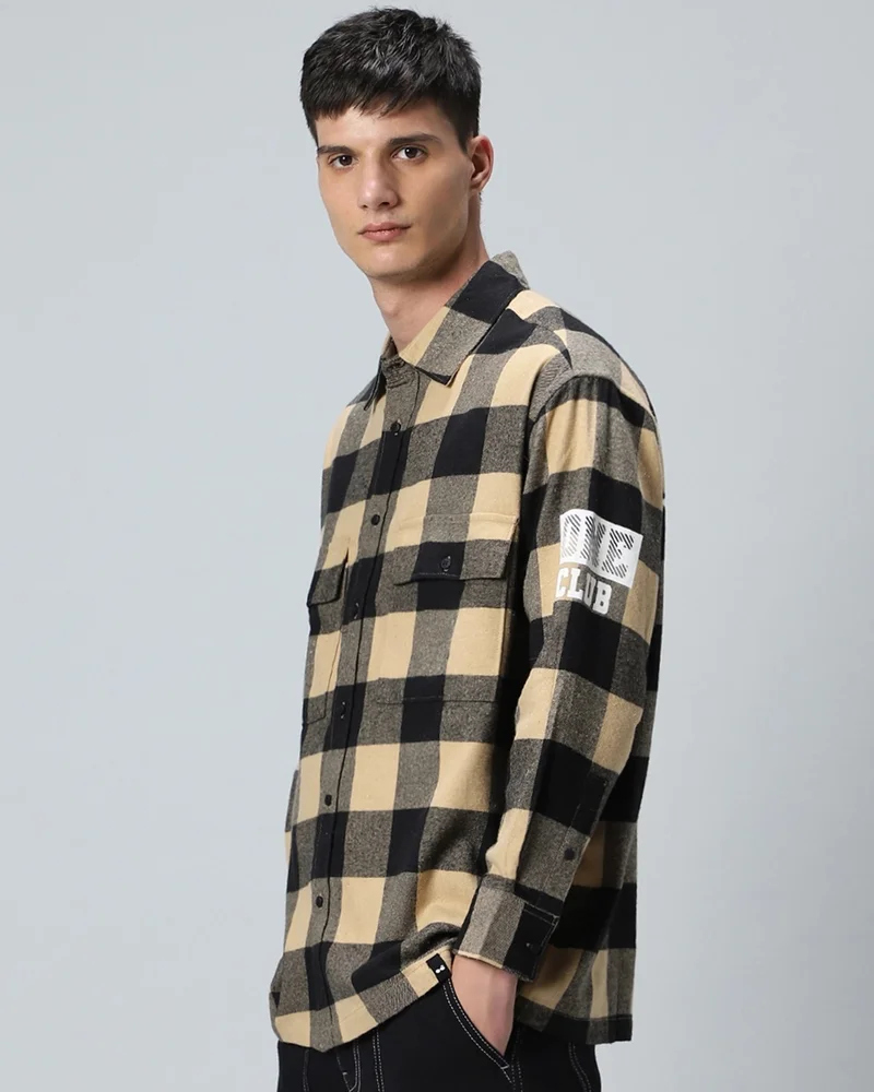 بيواكوف Men's Brown & Black Run Checked Oversized Shirt